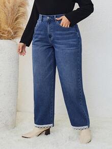 SHEIN LUNE 大碼蕾絲拼接直筒牛仔褲 - 中等水洗藍 - 查看 4