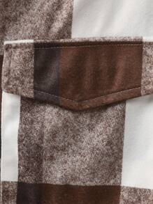 Teen Girl Plaid Print Flap Pocket Curved Hem Overcoat