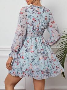 SHEIN VCAY 印花褶邊喇叭袖荷葉邊洋裝 - 藍色 - 查看 2