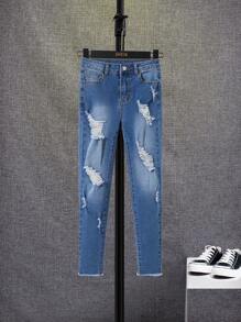 SHEIN Tween Boy Ripped Frayed Raw Trim Ripped Frayed Bleach Wash Jeans - Dark Wash - View 6