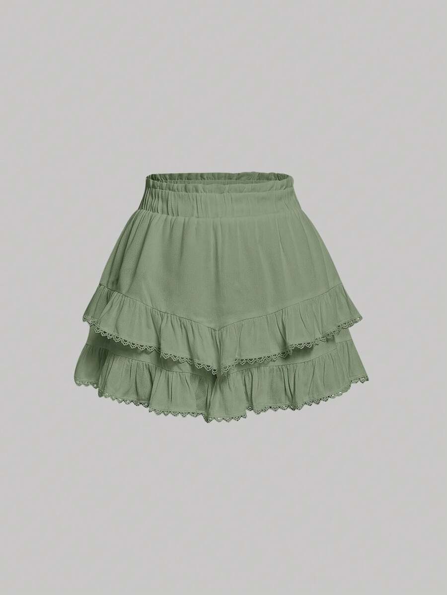 SHEIN MOD Paperbag Waist Ruffle Hem Shorts - Green - View 1