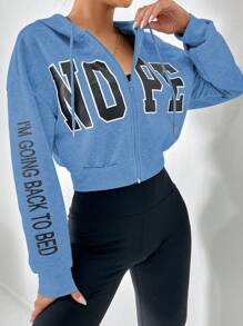 SHEIN Unity Letter Graphic Drop Shoulder Drawstring Zipper Hoodie - Baby Blue - View 1