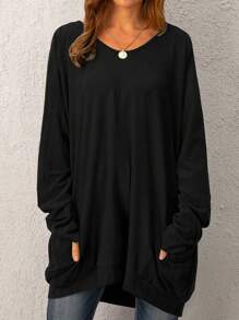 Solid Dual Pocket Oversized Sweatshirt - Black - View 1