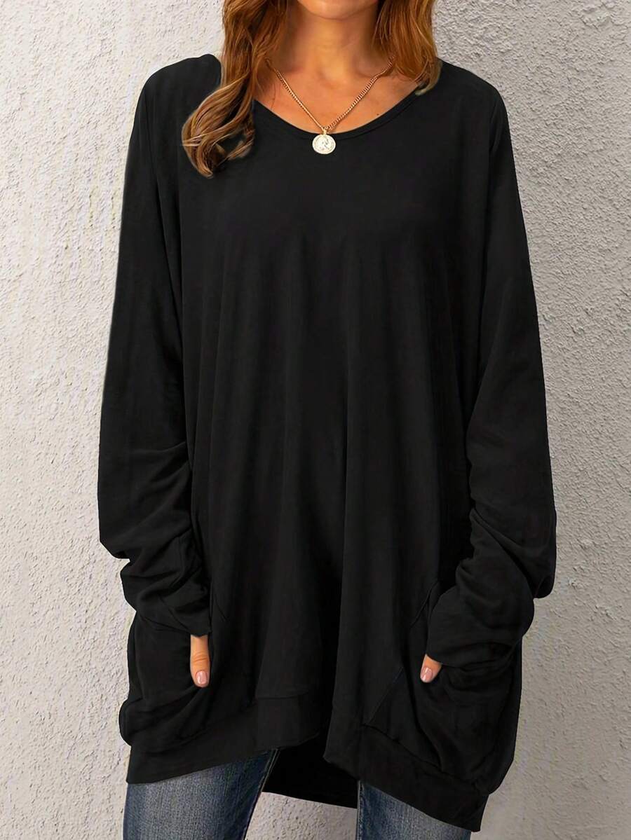 Solid Dual Pocket Oversized Sweatshirt - Black - View 1