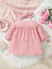 SHEIN Đứa bé gái In vết tròn Polka Lá sen tỉa Đầm & Băng đô đầu - Bụi hồng - Xem 2