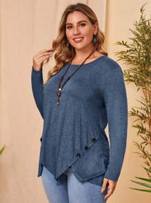 EMERY ROSE Plus Button Detail Scallop Trim Tee - Blue - View 3