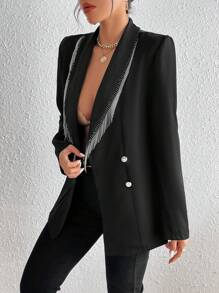 SHEIN Privé 水鑽流蘇邊青果領雙排釦西裝外套 - 黑色 - 查看 2
