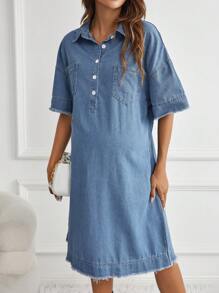 SHEIN Maternity Half Button Dual Pocket Raw Hem Denim Dress - Medium Wash - View 4