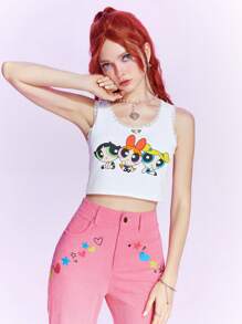 The Powerpuff Girls | ROMWE Cartoon Graphic Lace Trim Tank Top Cute Tops - White - View 3