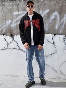 Manfinity Hypemode Men's Loose Fit Letter Print Zipper Closure Hoodie With Drop Shoulder Design - Black - View 6