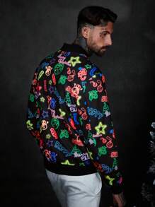 Manfinity VCAY Loose Fit Men's Reflective Letter & Christmas Print Zip Up Bomber Jacket - Black - View 2