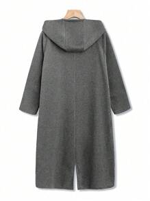 SHEIN LUNE Plus Zip Up Drawstring Hooded High Low Hem Coat - Dark Grey - View 2