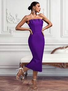 Purple Pleated Strapless Split Bodycon Cocktail Dress - Purple - View 3