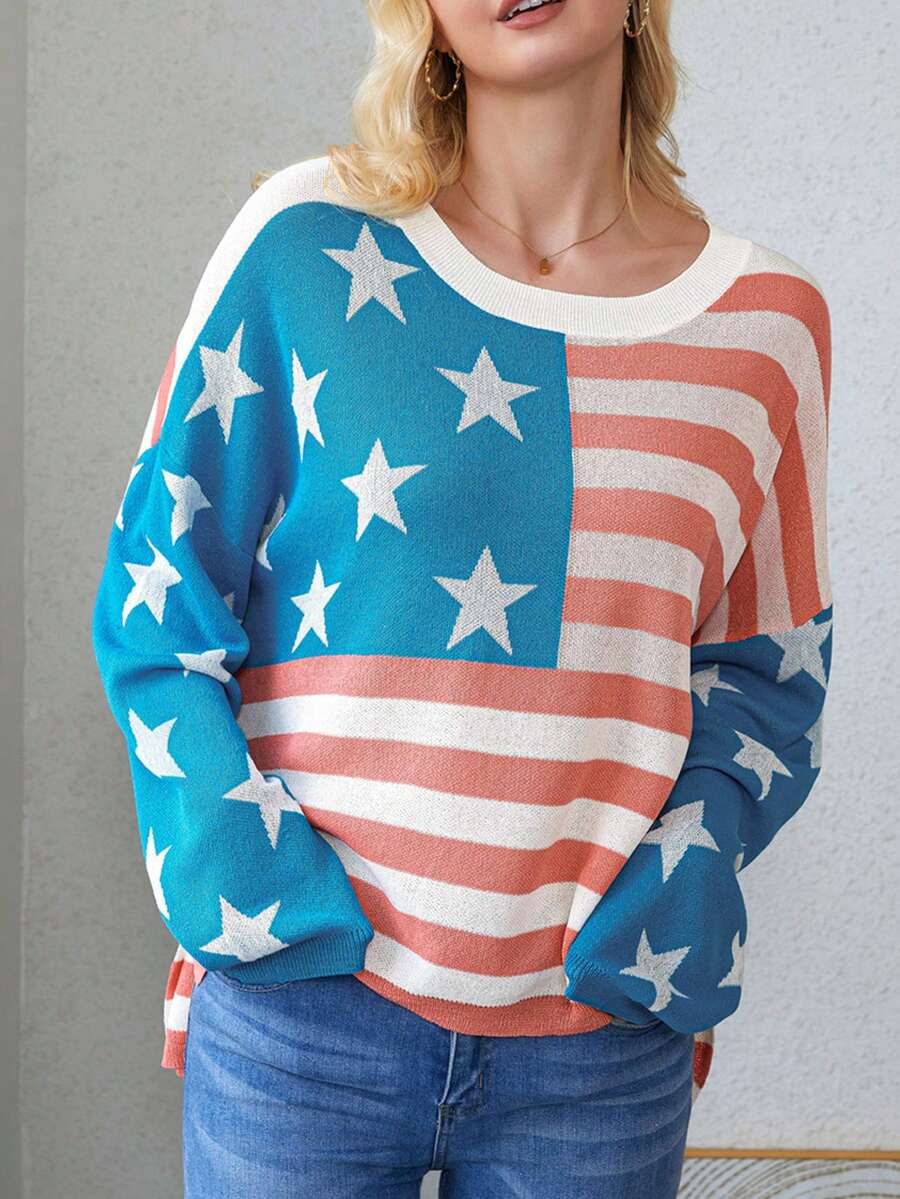 CILKOO Star & Striped Pattern Drop Shoulder Sweater - Blue - View 1