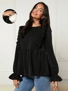 SHEIN Maternity Ruffle Trim Flounce Sleeve Peplum Nursing Top - Black - View 1