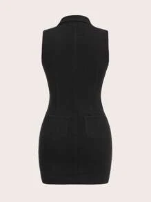 SHEIN Frenchy 拉鏈開襟鉚釘細節牛仔洋裝 - 黑色 - 查看 2