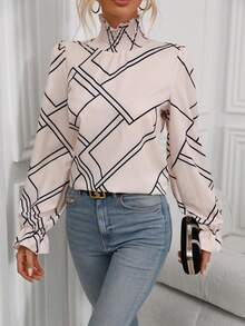 SHEIN Unity In Địa lý Tay áo loe Cổ giả Áo sơ mi - Màu be - Xem 6