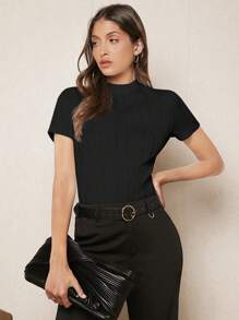 BizChic Solid Mock Neck Tee - Black - View 6