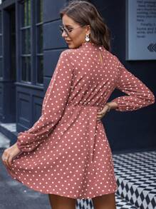 SHEIN Clasi In vết tròn Polka Cổ giả Váy chữ A - Hồng - Xem 2