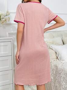 Contrast Binding Tie Neck Nightdress - Pink - View 2