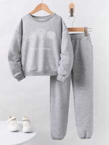 SHEIN 女大童花卉和字母圖案落肩袖套頭衫和運動褲 - 灰色 - 查看 1