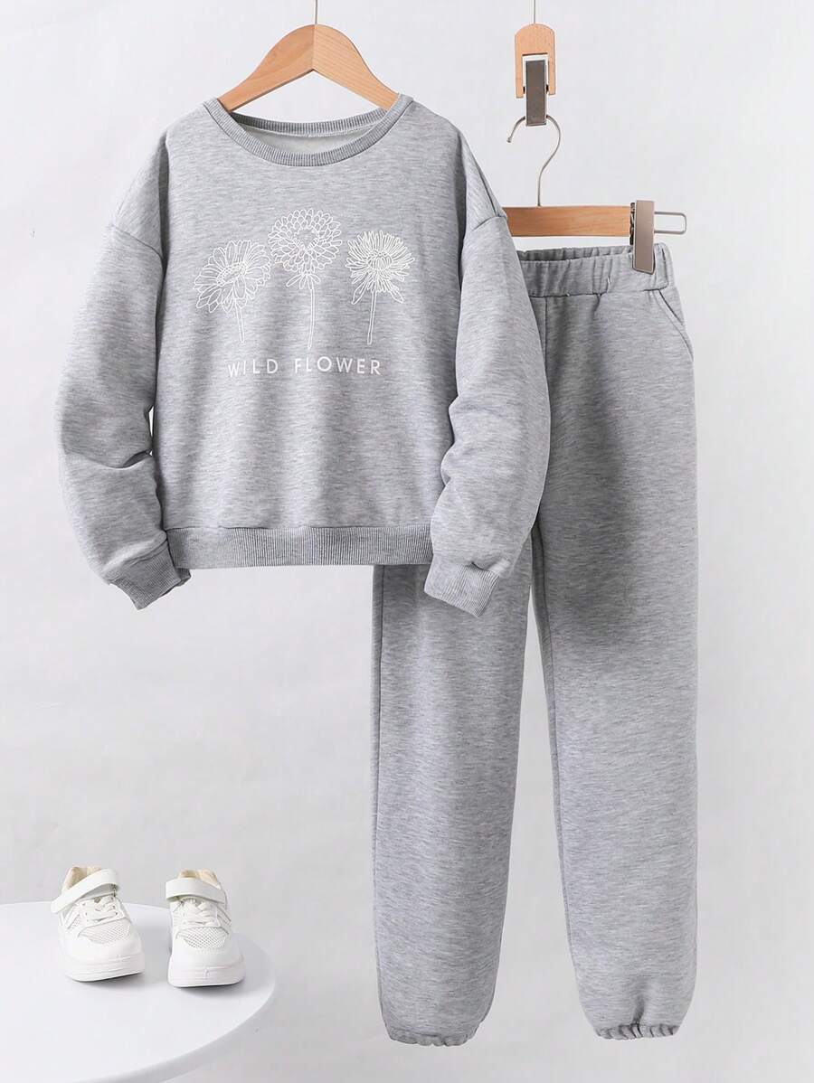 SHEIN 女大童花卉和字母圖案落肩袖套頭衫和運動褲 - 灰色 - 查看 1