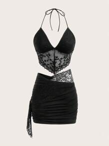 SHEIN ICON 露背繫帶繞頸短上衣&包臀半身裙&袖套 - 黑色 - 查看 1