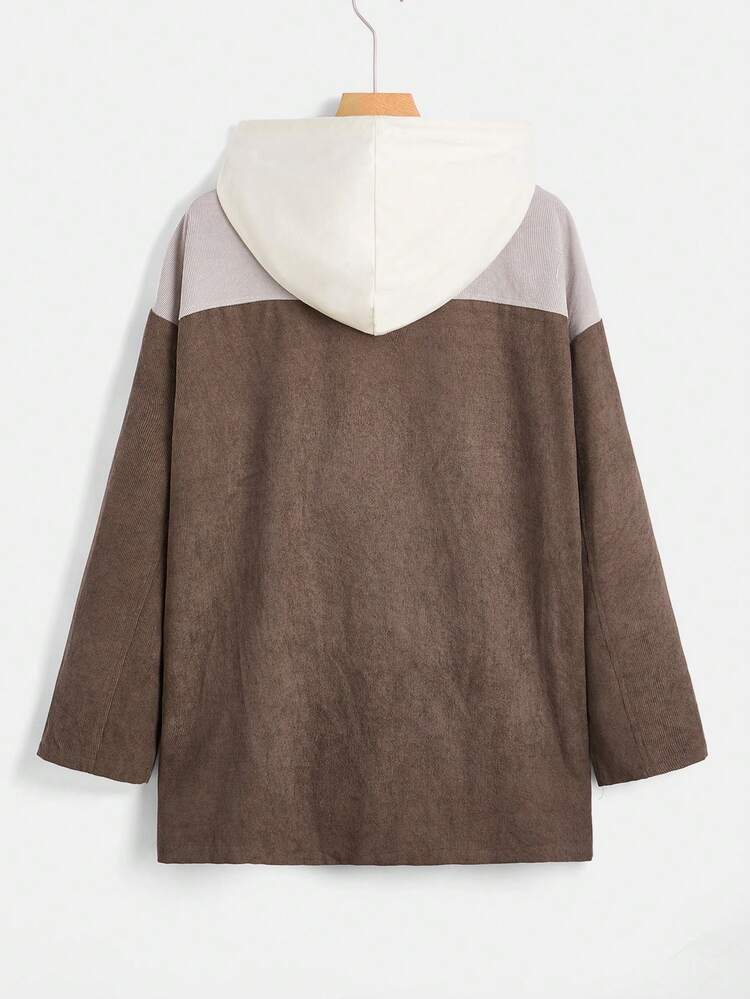 Plus Two Tone Drop Shoulder Drawstring Hooded Coat