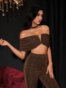 Zolique Off Shoulder Crop Glitter Top - Brown - View 4