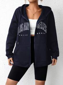 SHEIN EZwear Capucha con estampado de letra con cremallera de hombros caídos con cordón con forro térmico - Azul Marino - Ver 5