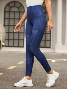 SHEIN LUNE In Đồ họa Denim Hiệu ứng Xà cạp - Màu xanh lam - Xem 3