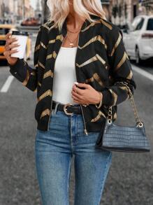 SHEIN LUNE 鋸齒形印花拉鏈開襟飛行員夾克 - 黑色 - 查看 5