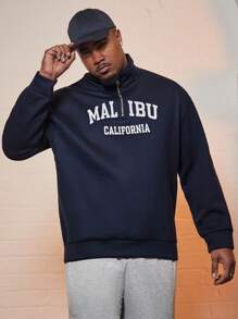 Aesthetic Post--Men Plus Letter Graphic Zipper Front Sweatshirt - Navy Blue - View 4