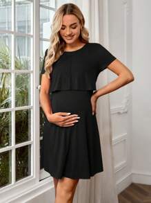 SHEIN Maternity Solid Nursing Detail Dress - Black - View 3
