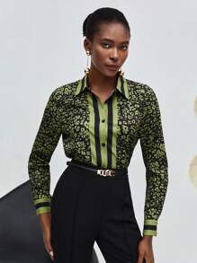Maija Allover Print Button Front Shirt,Long Sleeve Tops