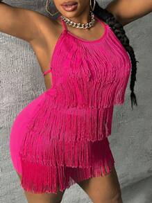 Slaydiva Hơn Viền rìa Ca-vát Backless Áo liền quần Dây thắt cổ - Màu Hồng Tươi - Xem 2
