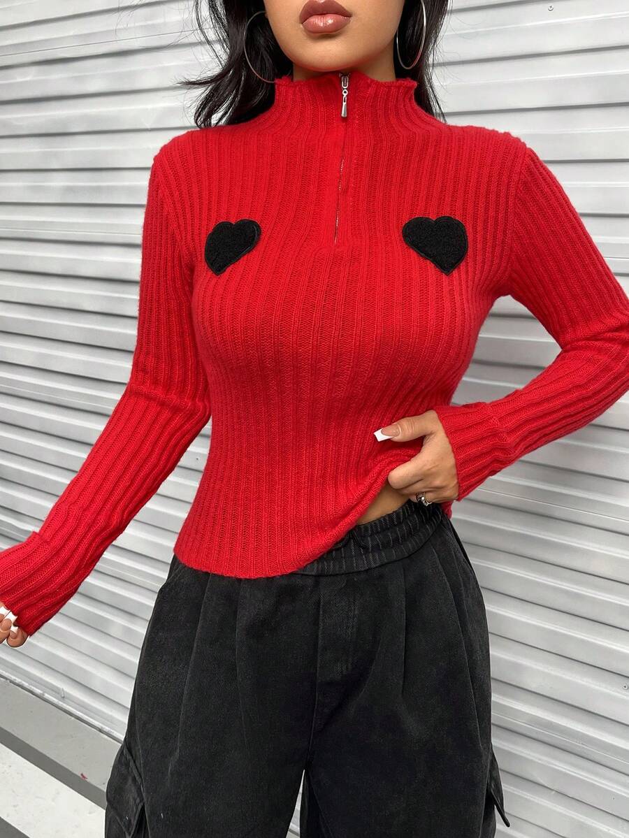 SHEIN Unity Tu bổ trái tim Chi tiết Cổ giả Dây kéo mặt trước Áo len - Đỏ - Xem 1
