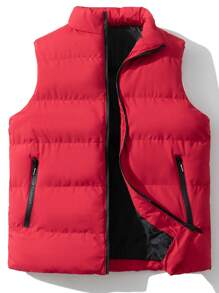 Men Plus Zip Up Puffer Vest Coat - Red - View 1