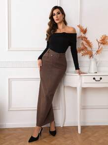 SHEIN Privé NỮ Denim Chân váy - màu nâu - Xem 4