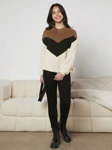 SHEIN 青少年女孩撞色落肩袖套頭毛衣 - 彩色 - 查看 3