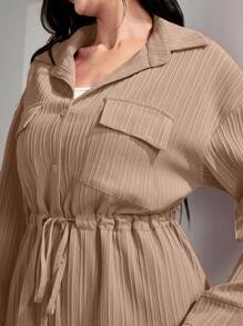 Graceveil Flap Pocket Drawstring Waist Shirt & Wide Leg Pants 2 Piece Set Modest - Apricot - View 6