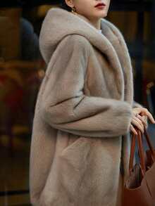 Solid Drop Shoulder Hooded Fluffy Coat - Grey - View 6