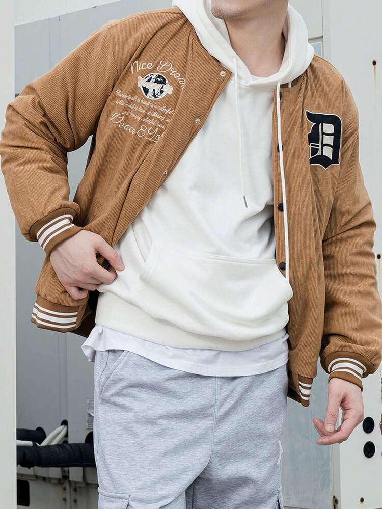 Loose Fit Men's Embroidered Slogan Detail Jacket With Striped Trim
