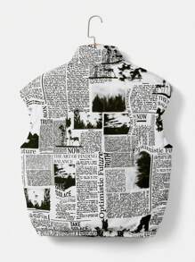 SHEIN EZwear Plus Size Báo In Zip Up Vest Đệm Áo - Đen và trắng - Xem 2