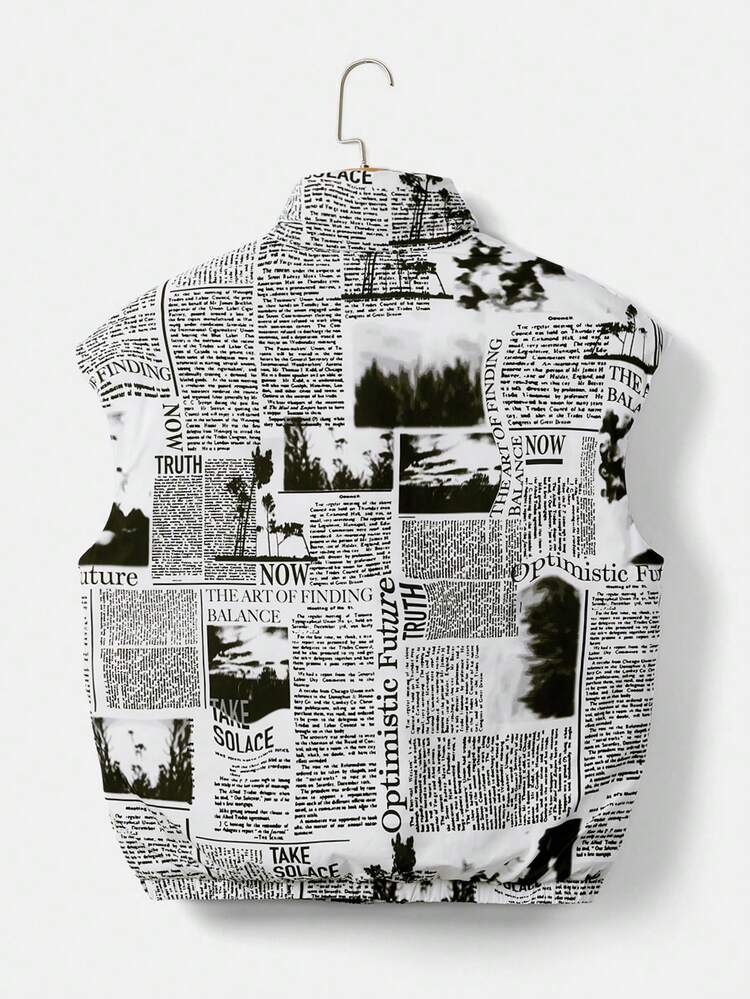 Plus Size Newspaper Print Zip Up Vest Padded Coat