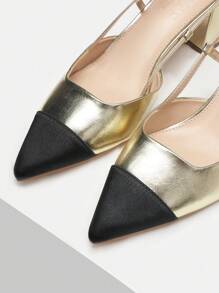 MOTF PREMIUM METALLIC SLINGBACK BLOCK HEELS VACATION SHOES, SUMMER SALE, FOR HALLOWEEN
