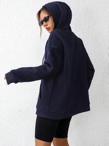 SHEIN EZwear Capucha con estampado de letra con cremallera de hombros caídos con cordón con forro térmico - Azul Marino - Ver 3
