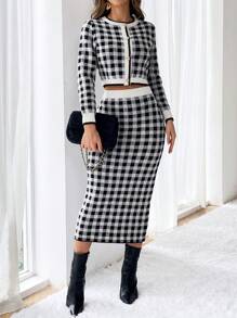 SHEIN Privé Mô hình Gingham Nút phía trước Áo nịt & Váy dệt kim - Đen và trắng - Xem 1