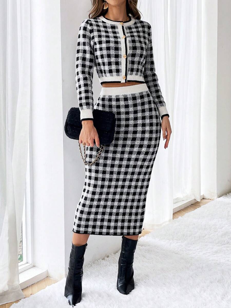 SHEIN Privé Mô hình Gingham Nút phía trước Áo nịt & Váy dệt kim - Đen và trắng - Xem 1