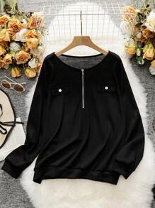 EMERY ROSE Plus Half Zip Flap Detail Sweatshirt - Black - View 1